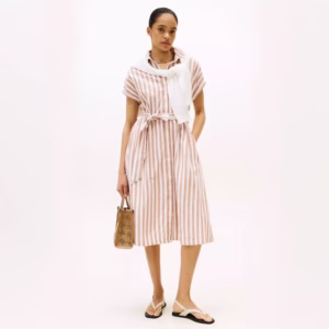 Vestido camisero de mezcla de lino y algodón a rayas